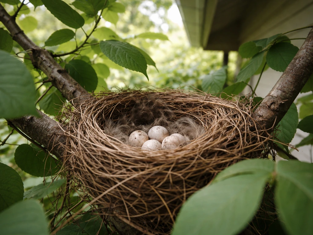Unattended bird nest tucked in tree branches with eggs visible, close-up in natural foliage light.