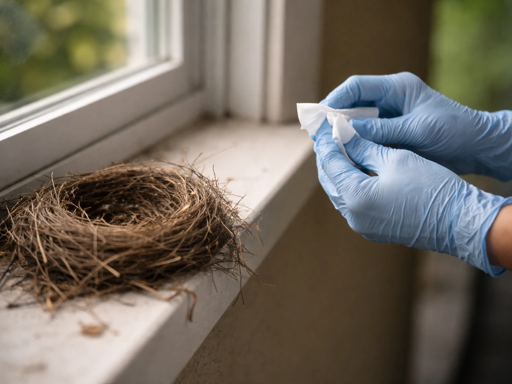 Gloved hands backing away from a bird nest while disinfecting fingertips on a windowsill.