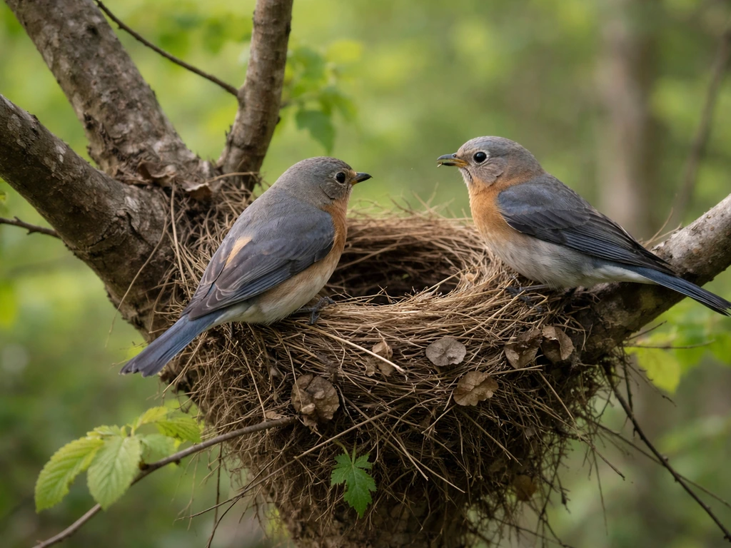 Two small adult birds perched near a nest entrance on a tree branch after a brief disturbance