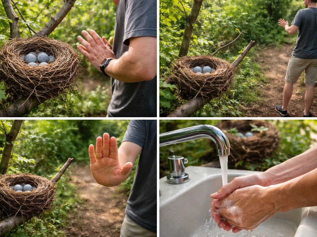 Close-up of an outdoor bird nest on a branch, with a person’s hands backing away and keeping distance