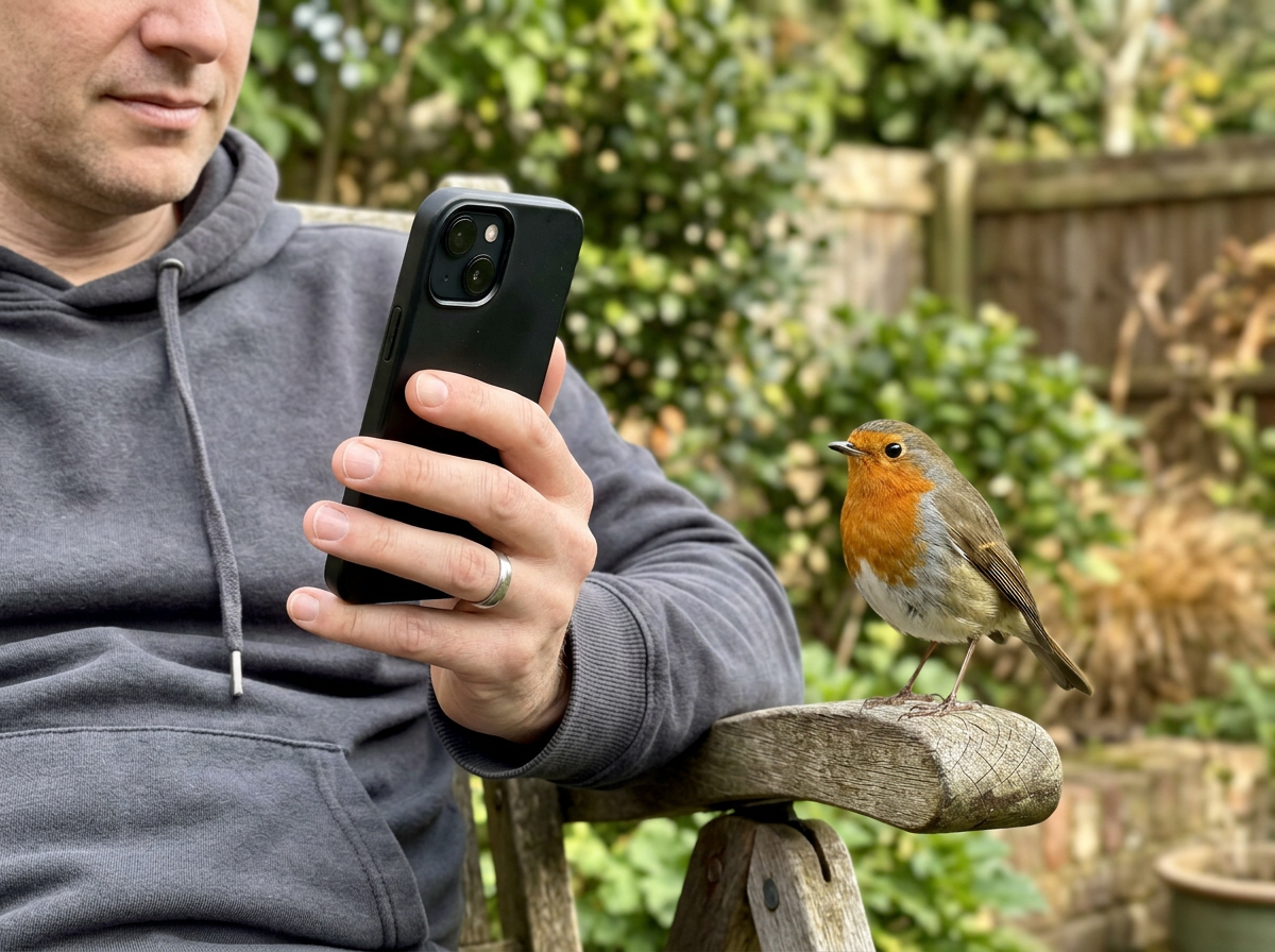 Person stays still while a small bird locks eyes from nearby.