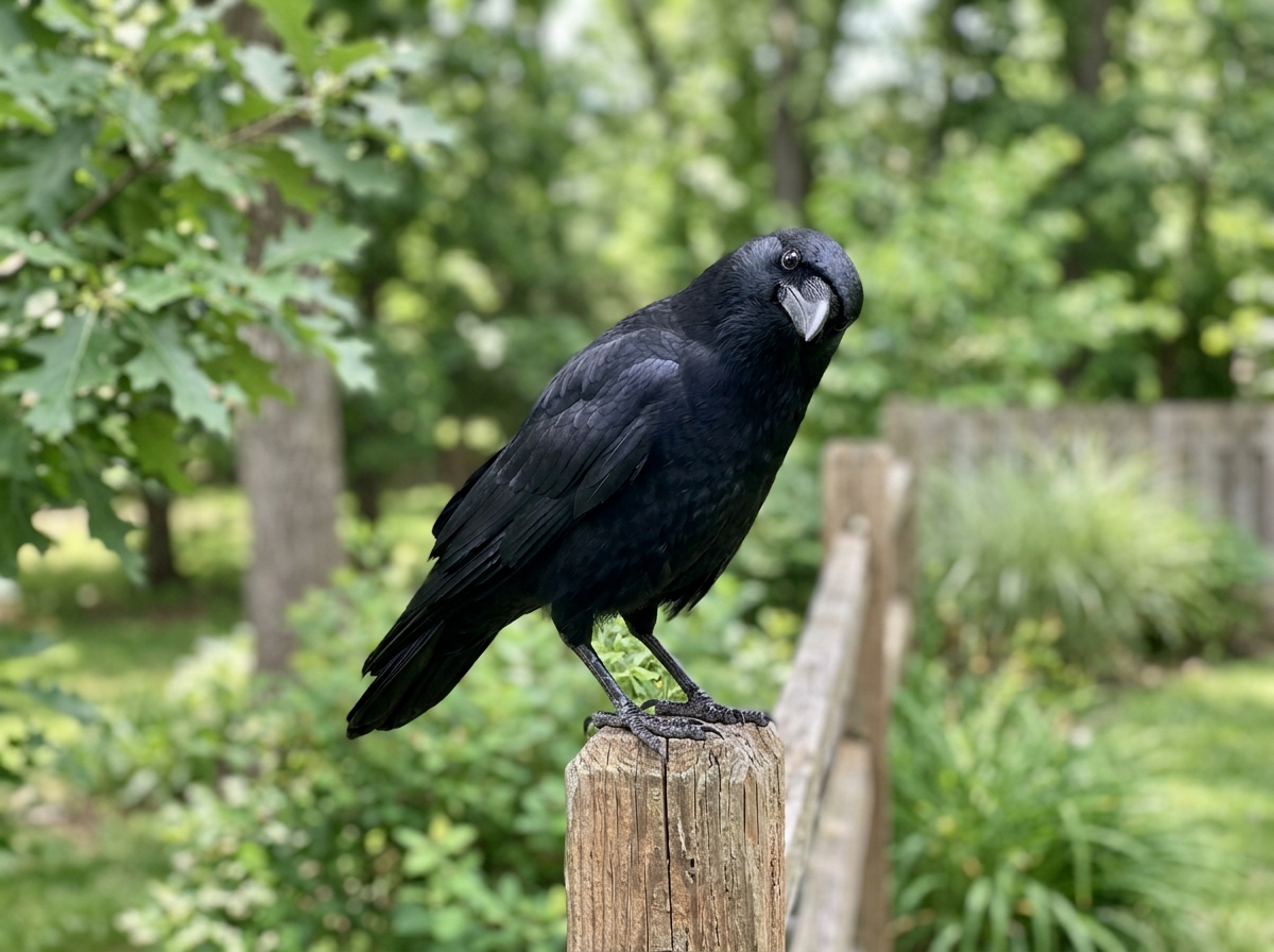Corvid perched and staring with head tilt indicating curiosity.