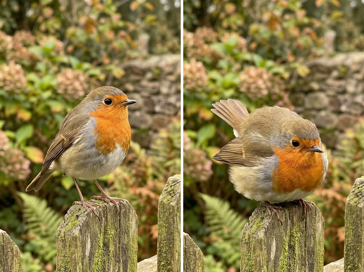 Comparison of relaxed curious vs puffed stressed bird posture.