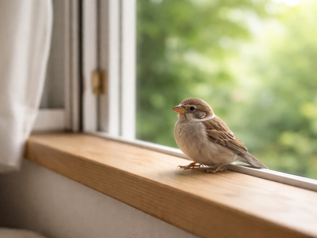 Wild bird perched safely on a windowsill near an open door, suggesting release over caging.