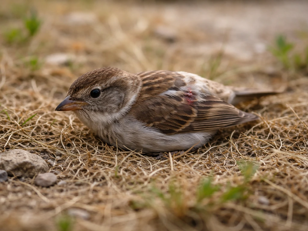 A small wild bird lying on its side on grass, showing stress and an apparent non-gory injury.