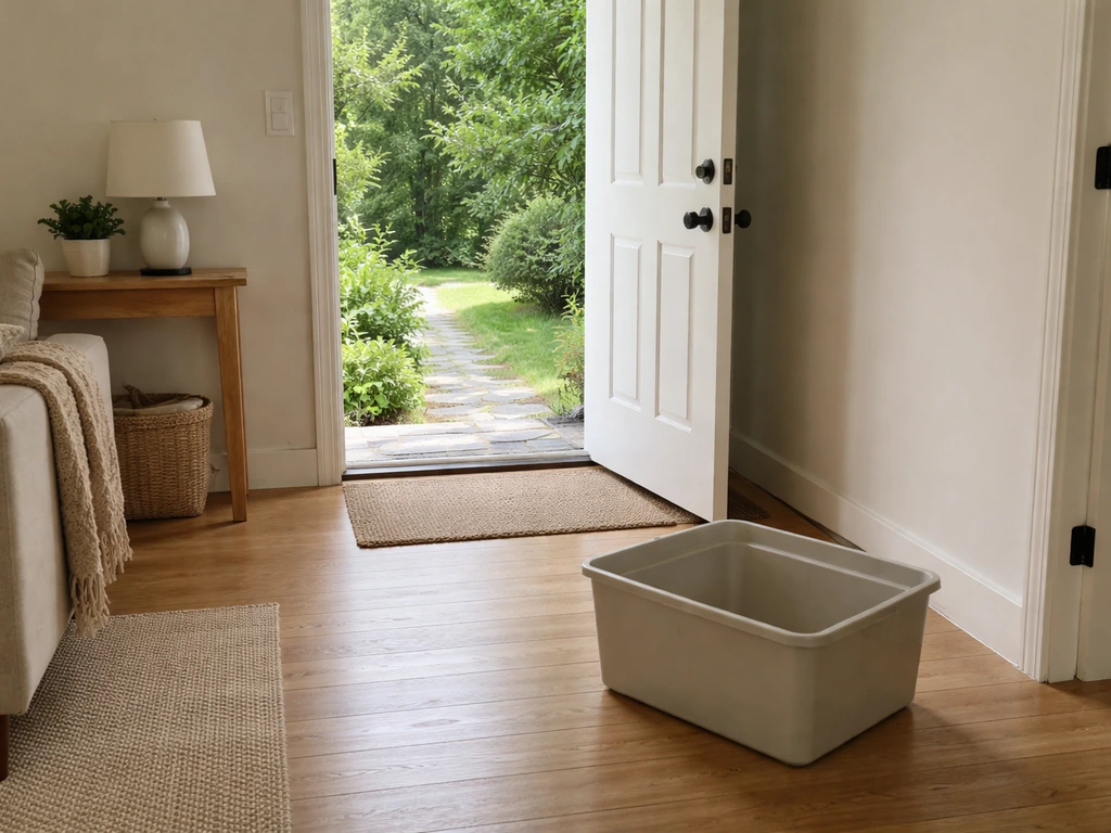 Living room with an open exterior door escape path and a nearby empty plastic container for temporary capture.