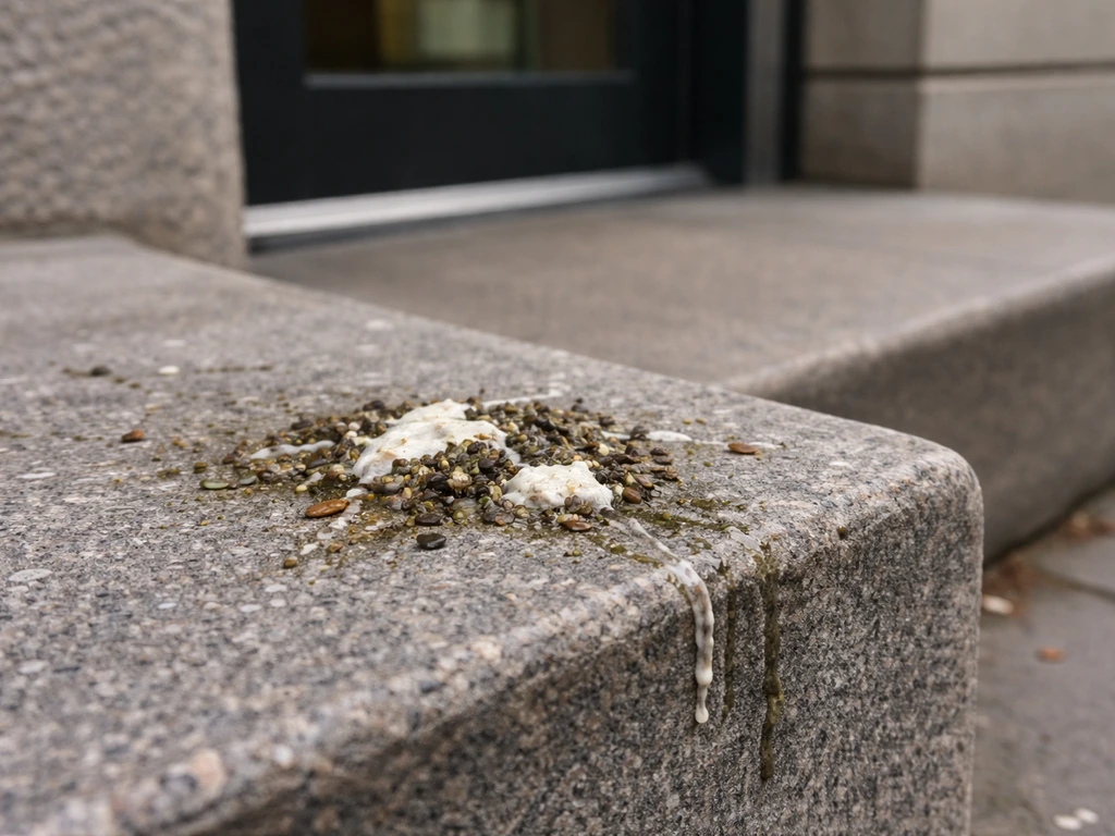 Close-up of fresh bird droppings on a building ledge near an entrance, suggesting safe cleanup needed.