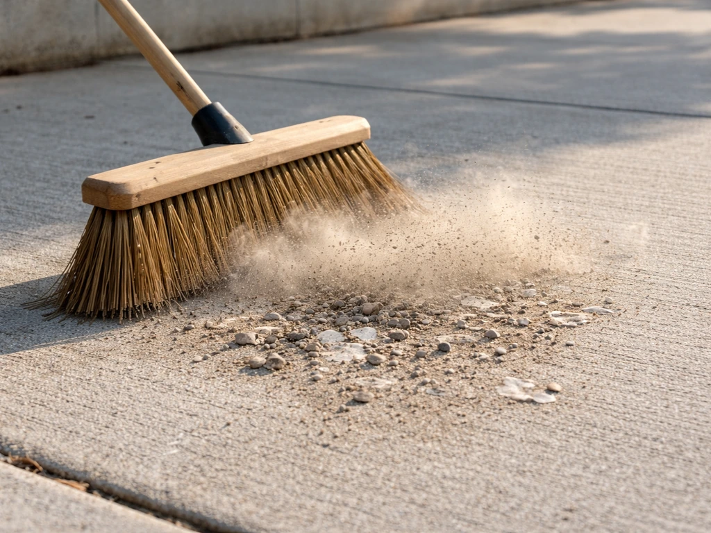 Broom sweeping dried droppings on a sidewalk, creating a visible dust plume in sunlight.