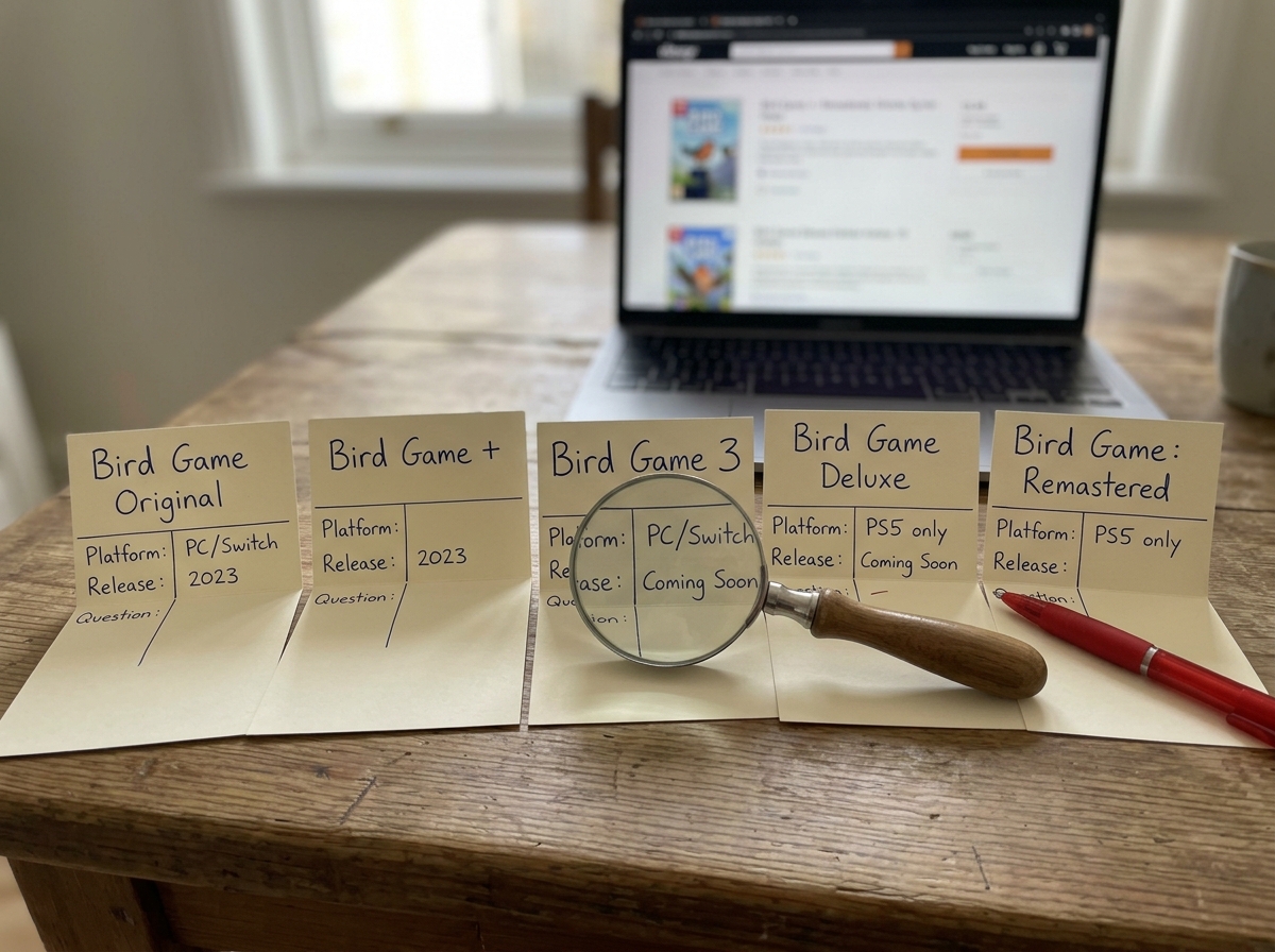 Tabletop comparison of multiple “Bird Game” items with legitimacy checklist