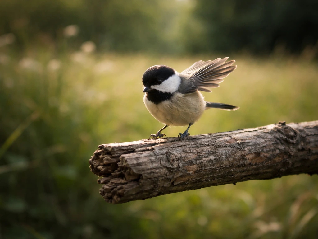 A small bird lands on a weathered branch against a softly blurred meadow background.