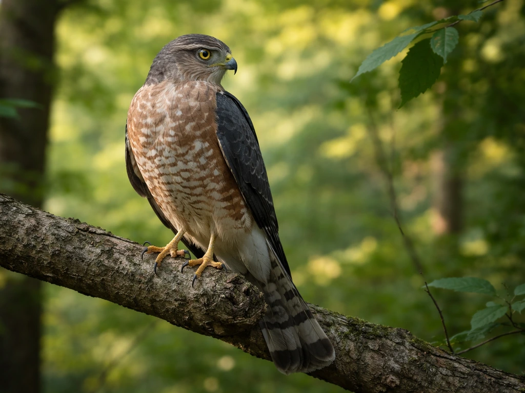 A small raptor perched on a tree branch, scanning the area in natural daylight.