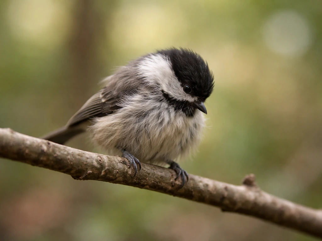 A fluffed, unsteady-looking wild bird perched on a branch, appearing less responsive.