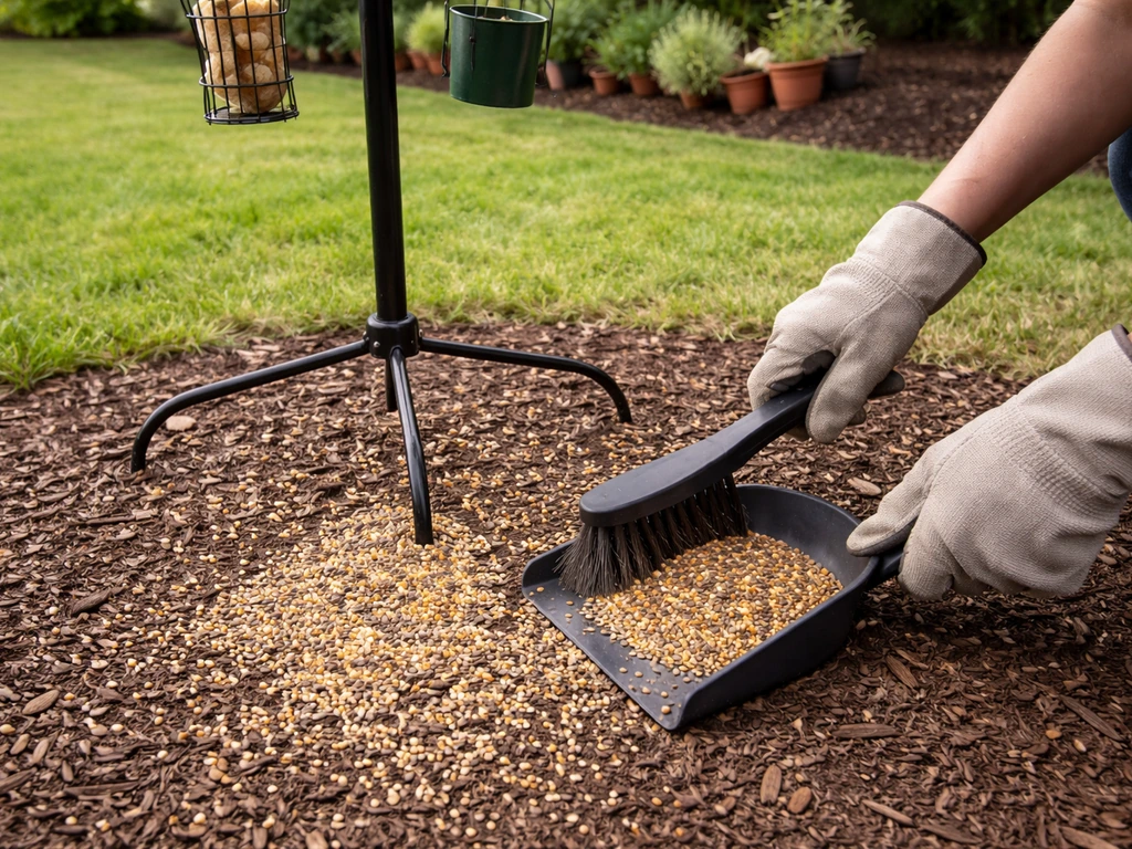 Gloved hands sweeping up spilled birdseed near a backyard feeder to deter repeat landings