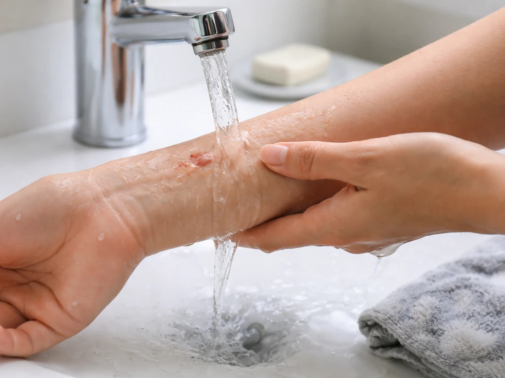 Close-up of hands rinsing a fresh bird bite wound under running water with soap nearby