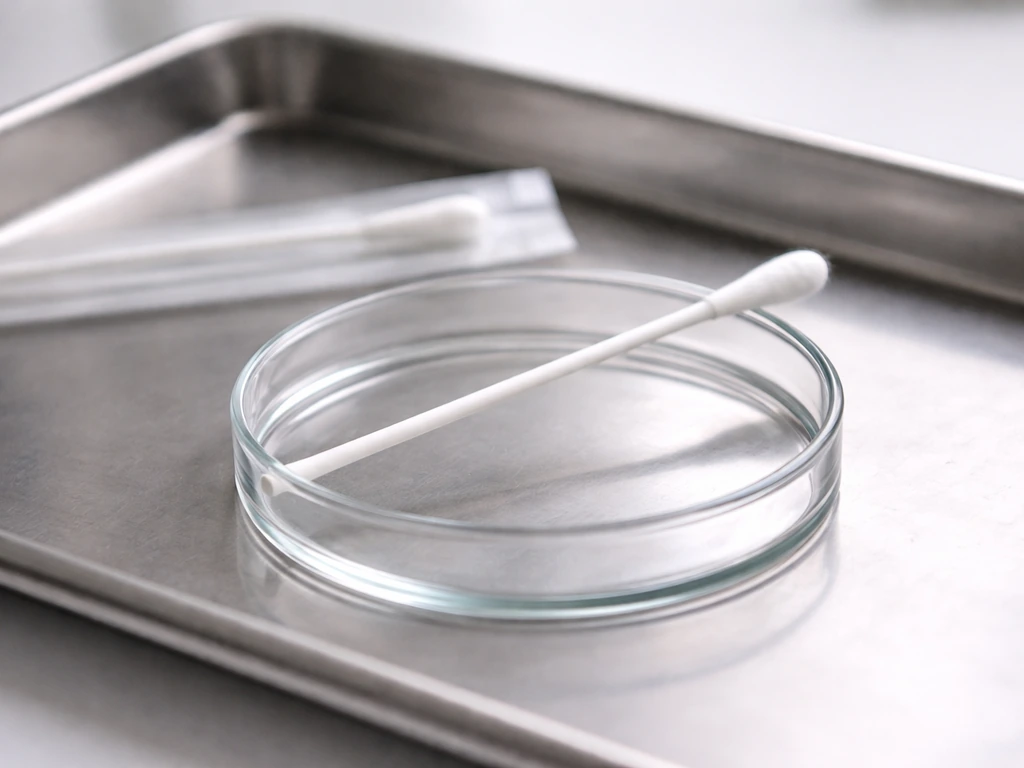 Close-up of sterile cotton swab over a petri dish with a faintly blurred lab background, suggesting germ testing.
