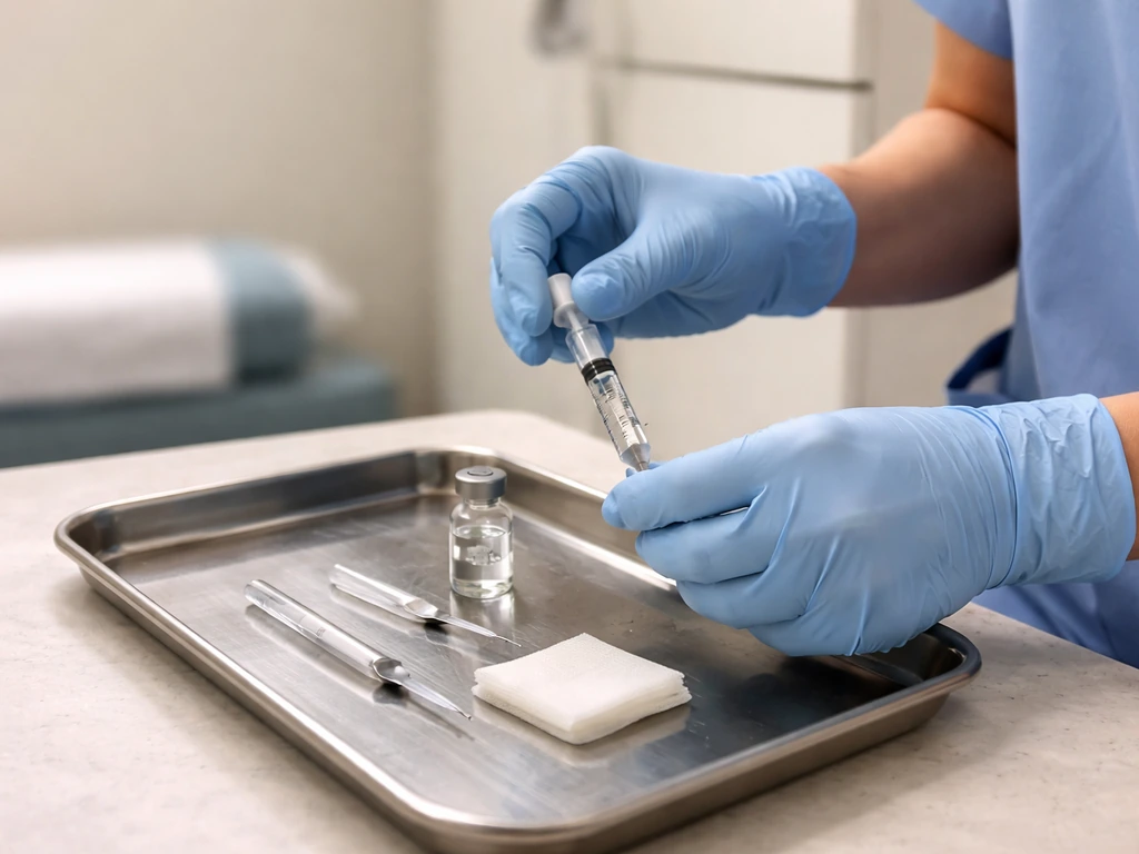 Nurse in a clinic prepares a tetanus booster syringe with medical supplies in view