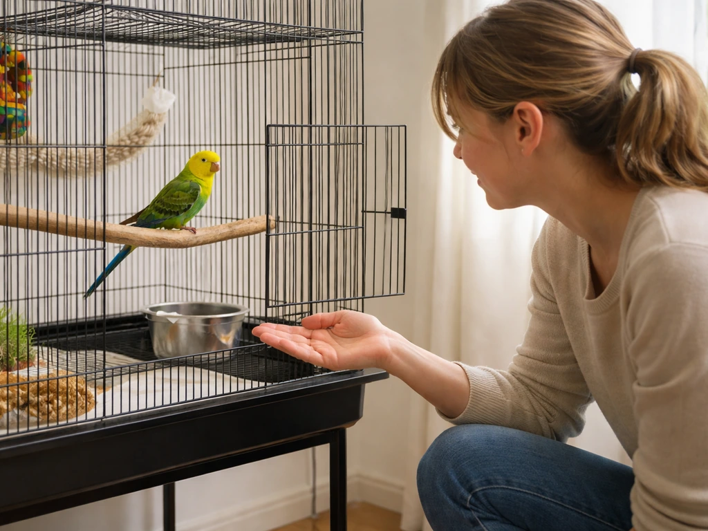Person gently waits by a bird cage door with an open hand; the bird is perched and calm inside.