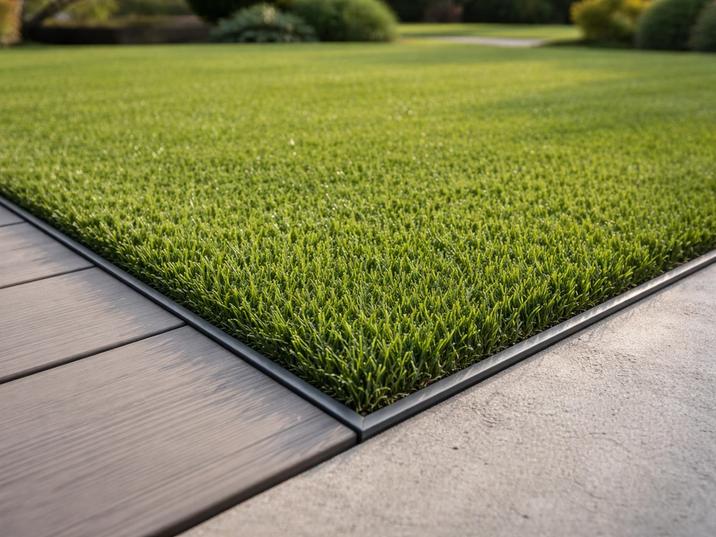 Terrasse bois ou béton avec pelouse synthétique fraîchement posée, bords nets et rendu naturel.