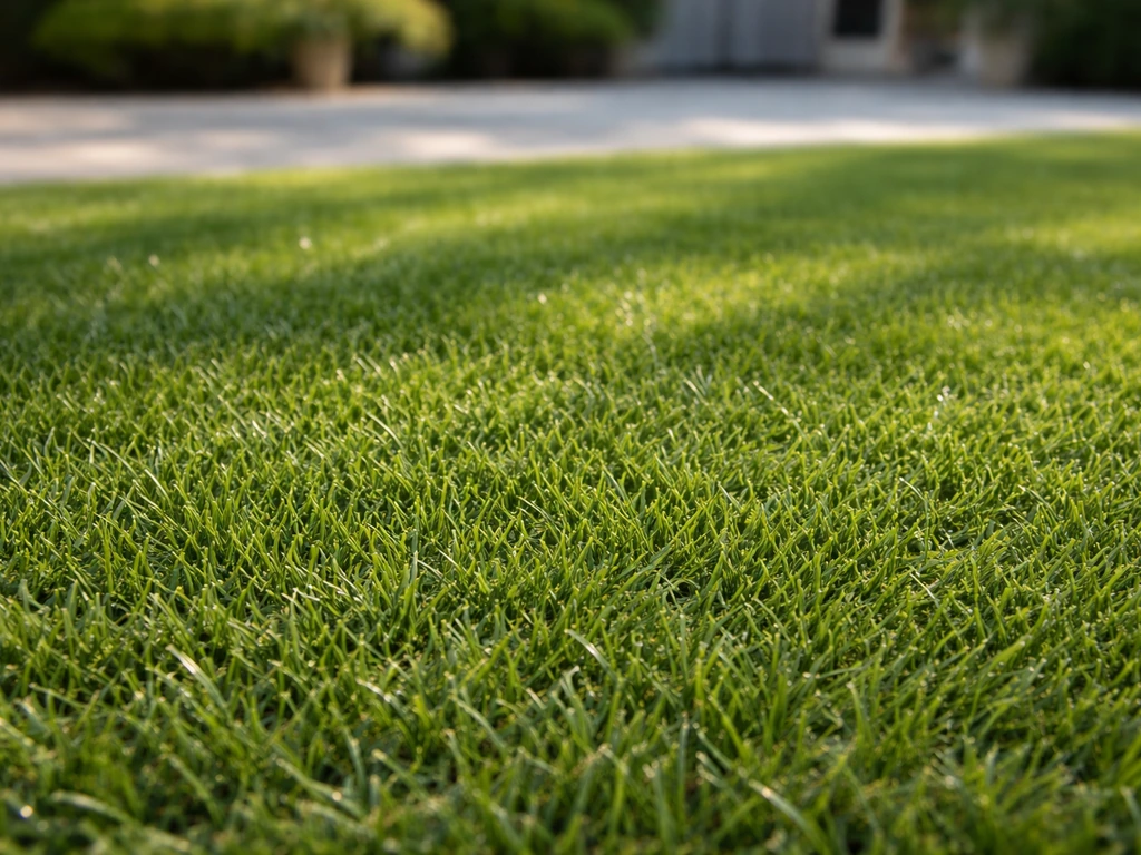 Gazon synthétique de terrasse en gros plan, brins d’environ 25–30 mm, texture réaliste sous la lumière naturelle.