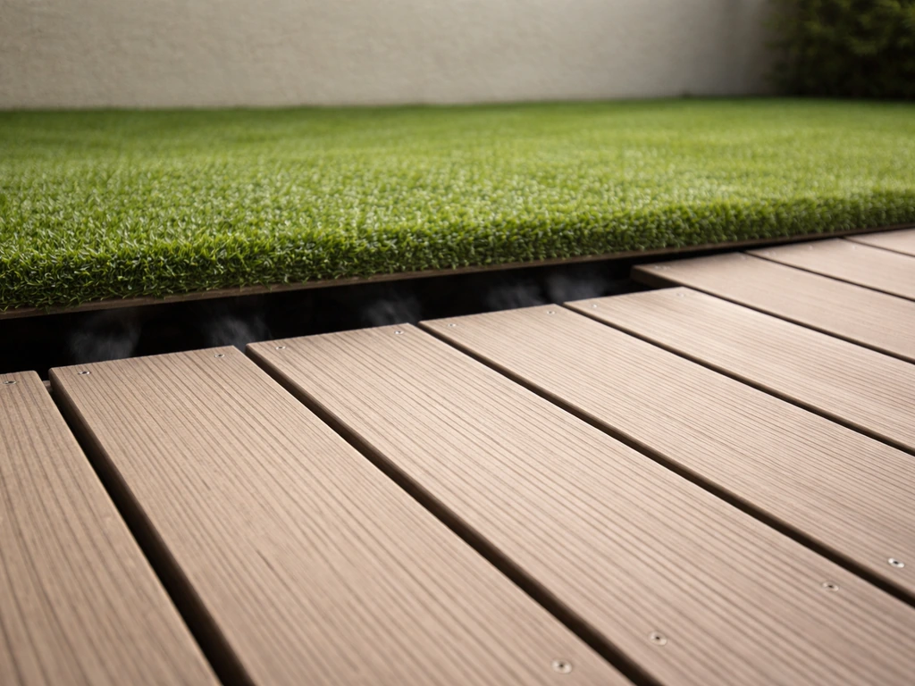 Terrasse en lames de bois avec espaces visibles entre les lames et circulation d’air sous le gazon