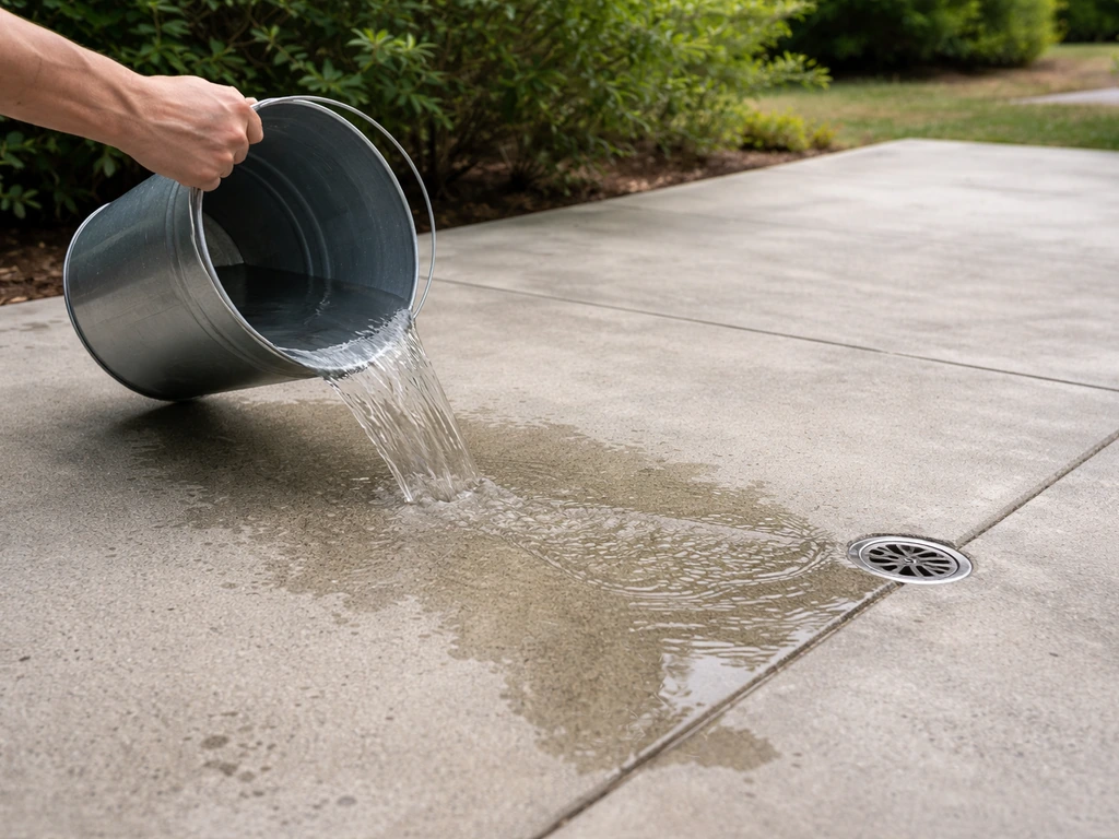 Un seau d’eau versé sur une terrasse béton : l’eau s’écoule vers un siphon au sol.