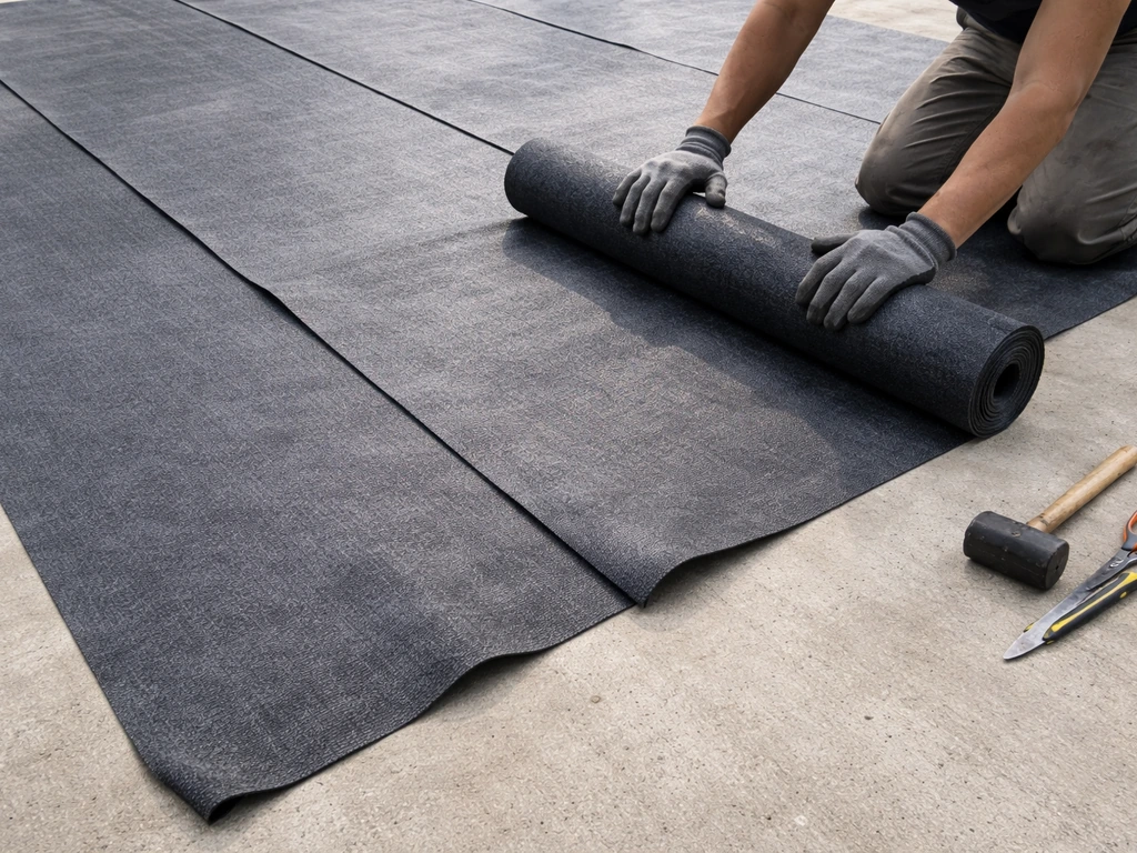 Mains anonymes déroulant un rouleau de gazon sur béton, avec géotextile en chevauchement et débords avant découpe.