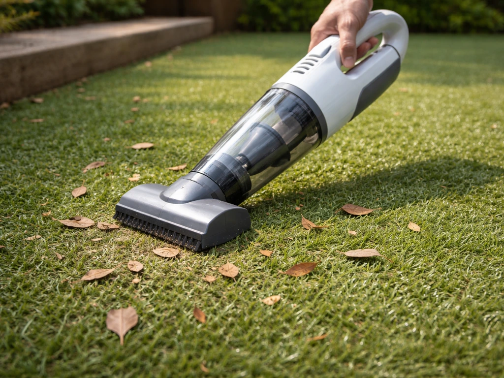 Gazon synthétique extérieur avec feuilles et pollen entre les fibres, aspirateur à main au travail