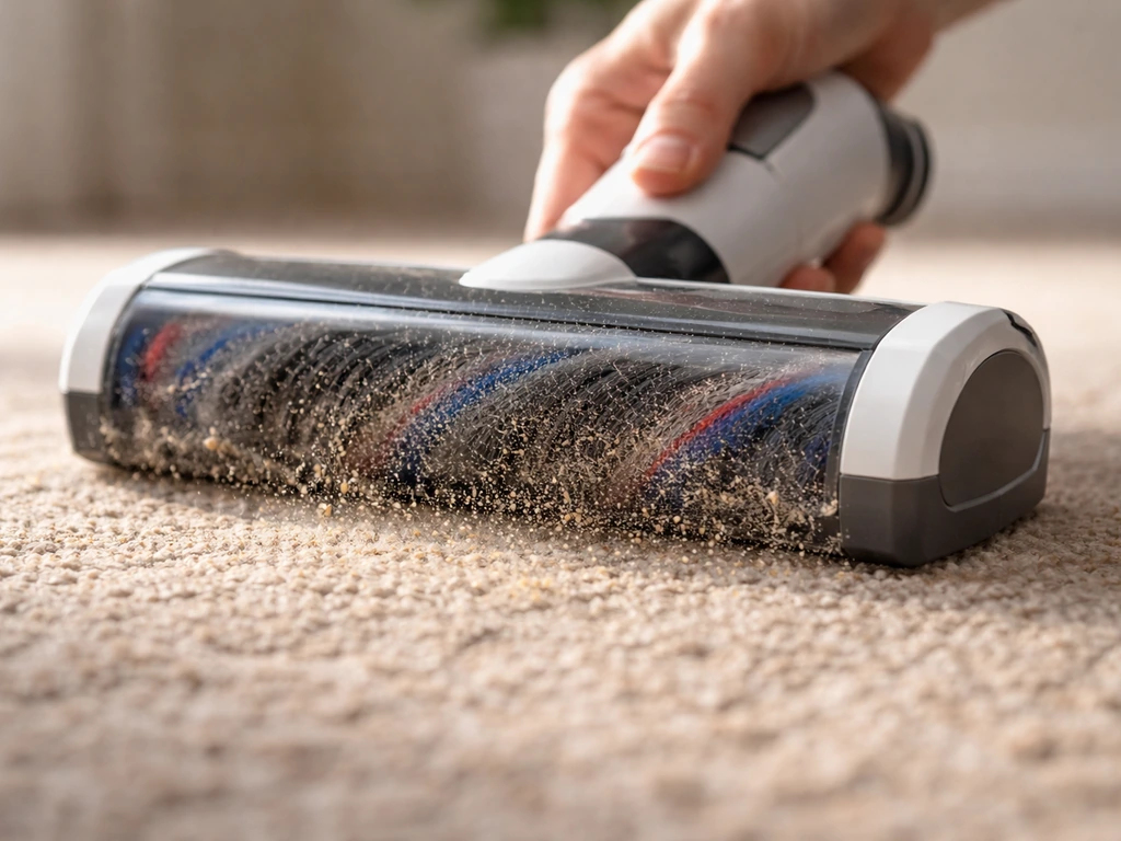 Gros plan d’une brosseuse sur un sol poussiéreux, des particules fines coincées entre les fibres.