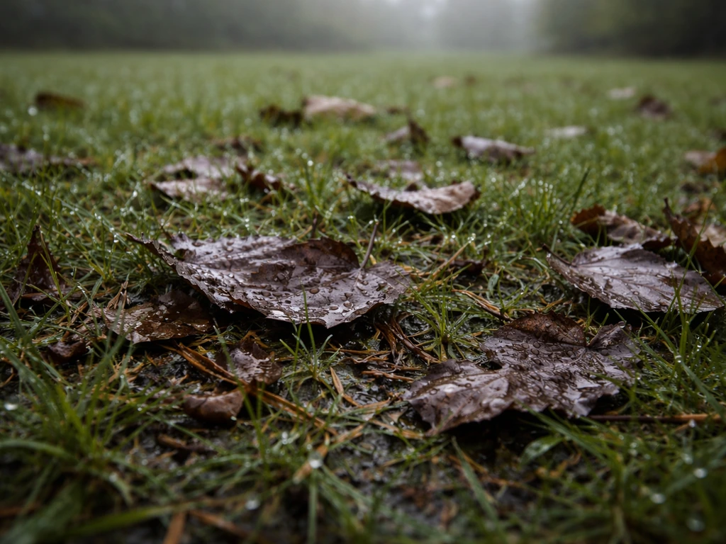 Feuilles mortes et débris mouillés collés aux fibres d’herbe sur une pelouse humide, au ras du sol.
