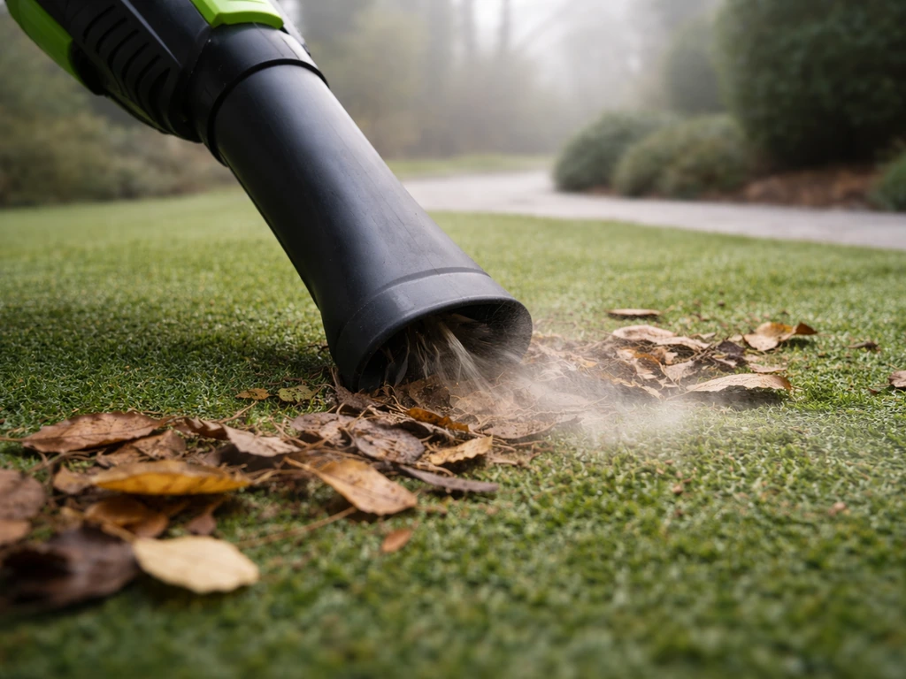 Un aspirateur de jardin nettoyant un gazon synthétique, avec une saison d’hiver en arrière-plan.
