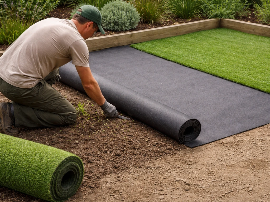 Jardinier anonyme retire les herbes et pose le géotextile avant de dérouler le gazon synthétique sur une terre propre.