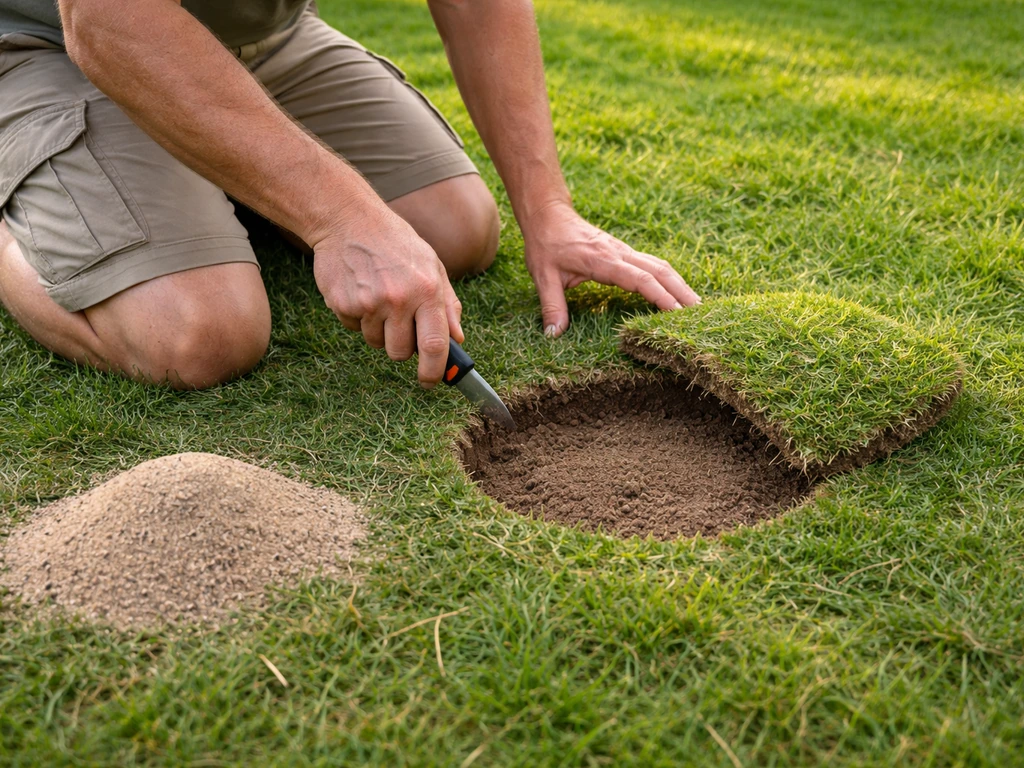 Cutter qui découpe une pièce de gazon soulevée au-dessus d’un affaissement, sable prêt à être recompacté.