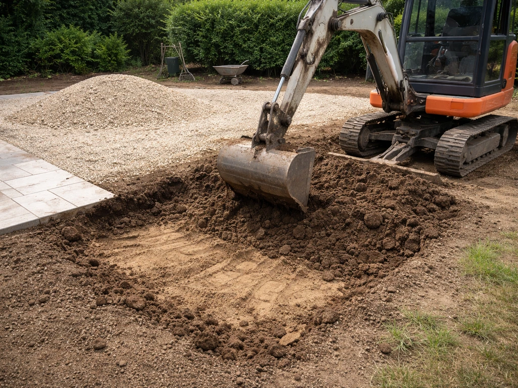 Mini-pelle retirant la terre végétale puis posant une couche de grave calcaire, chantier propre et minimal.