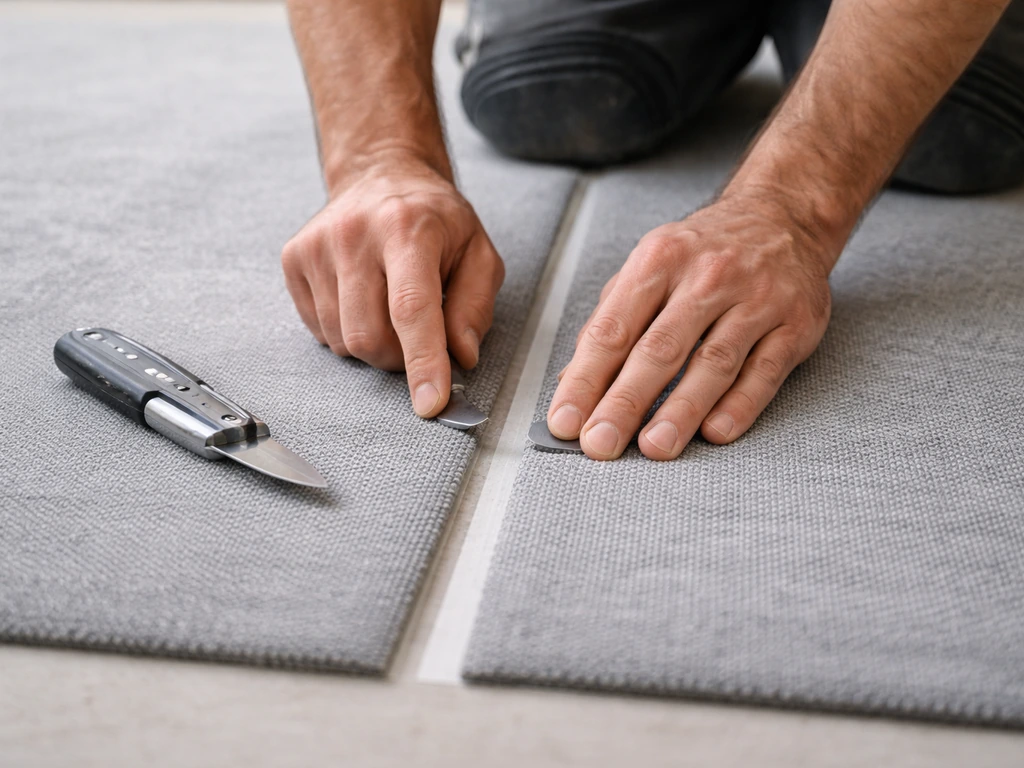 Mains posant une bande de jonction sous deux lés, fibres alignées, gros plan sur les raccords.