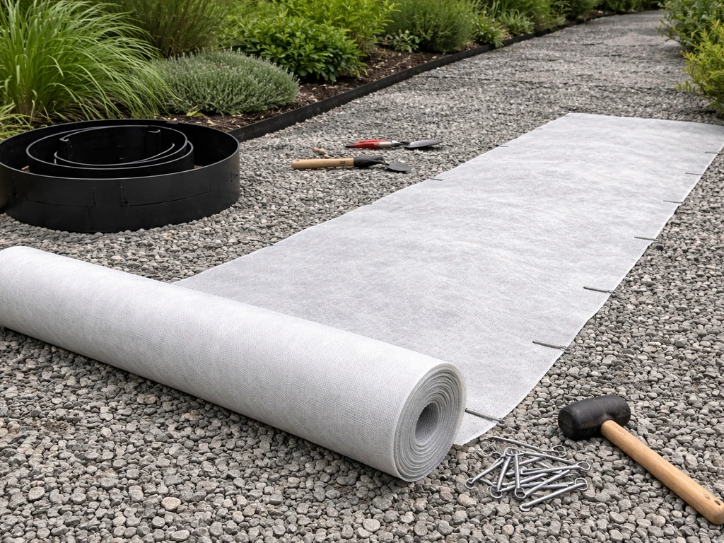 Géotextile ouvert, agrafes et bordure posés sur un lit de gravier pour illustrer la fixation.