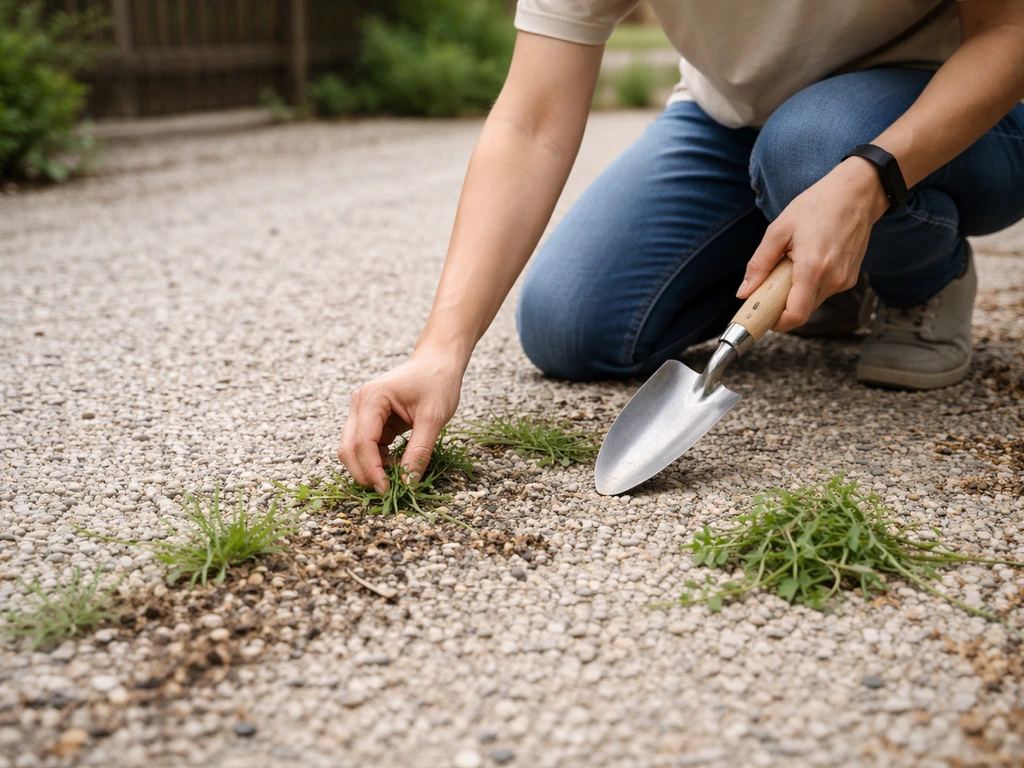 Personne inspectant un gravier, repérant zones à reprendre et mauvaises herbes avant nettoyage.