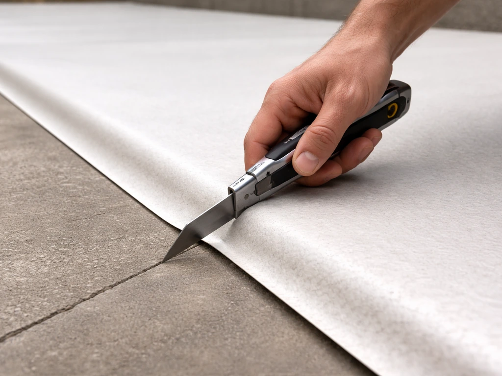 Gros plan sur une découpe au cutter à lame longue pour une bordure propre sur un matériau de chantier