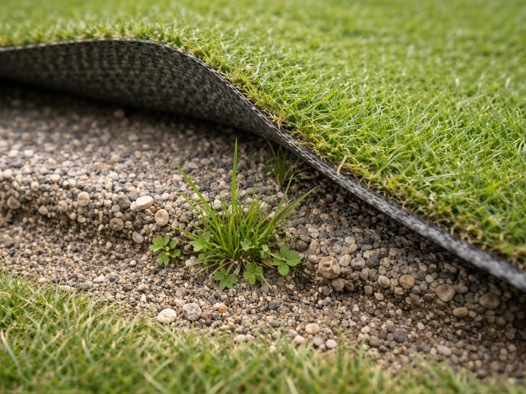 Gazon synthétique soulevé : on voit le support sans géotextile anti-racines et quelques mauvaises herbes.