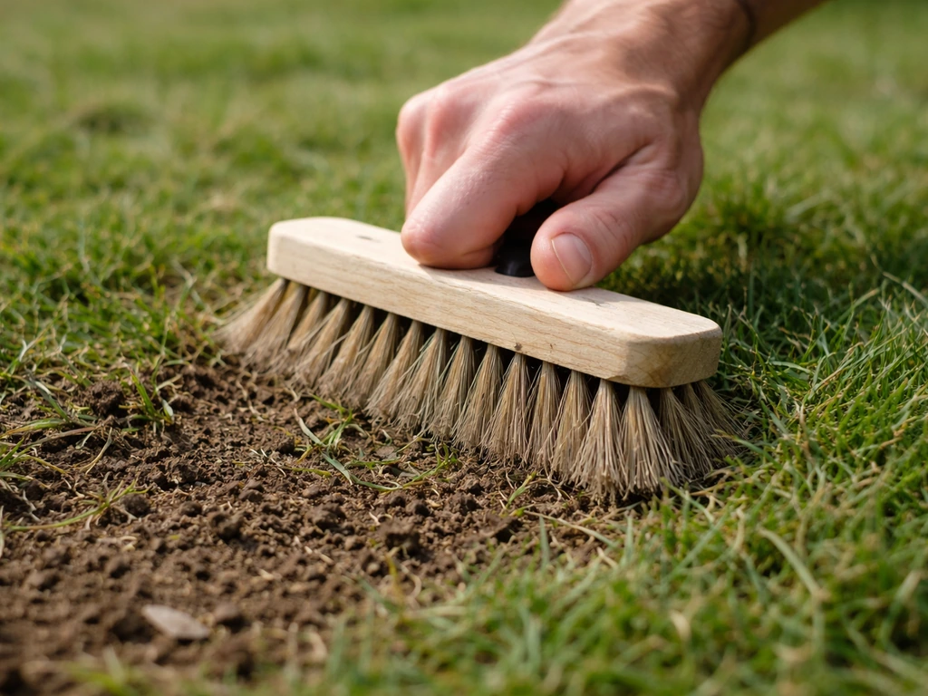 Main utilisant une brosse à poils durs pour nettoyer l’interface entre fibres et terre sur un gazon après arrachage.