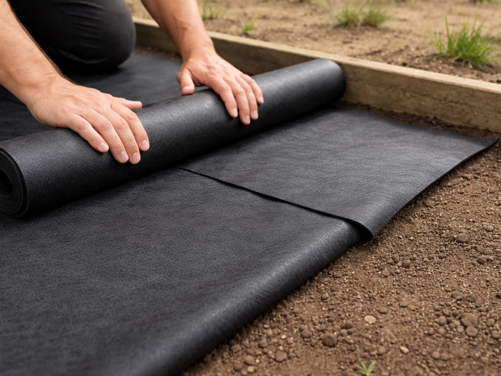Gros plan sur la pose d’un géotextile anti-racines avec chevauchement et remontée sur les bords.
