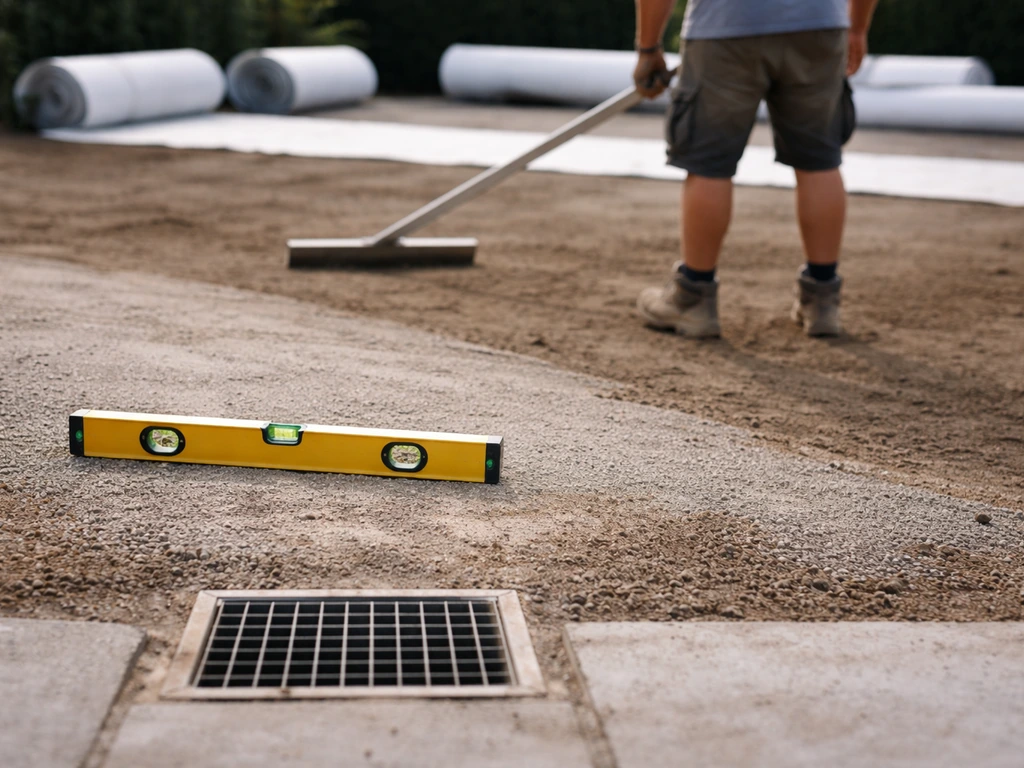 Niveau à bulle sur sol préparé, micro-pente vers une grille d’évacuation pour éviter les flaques.