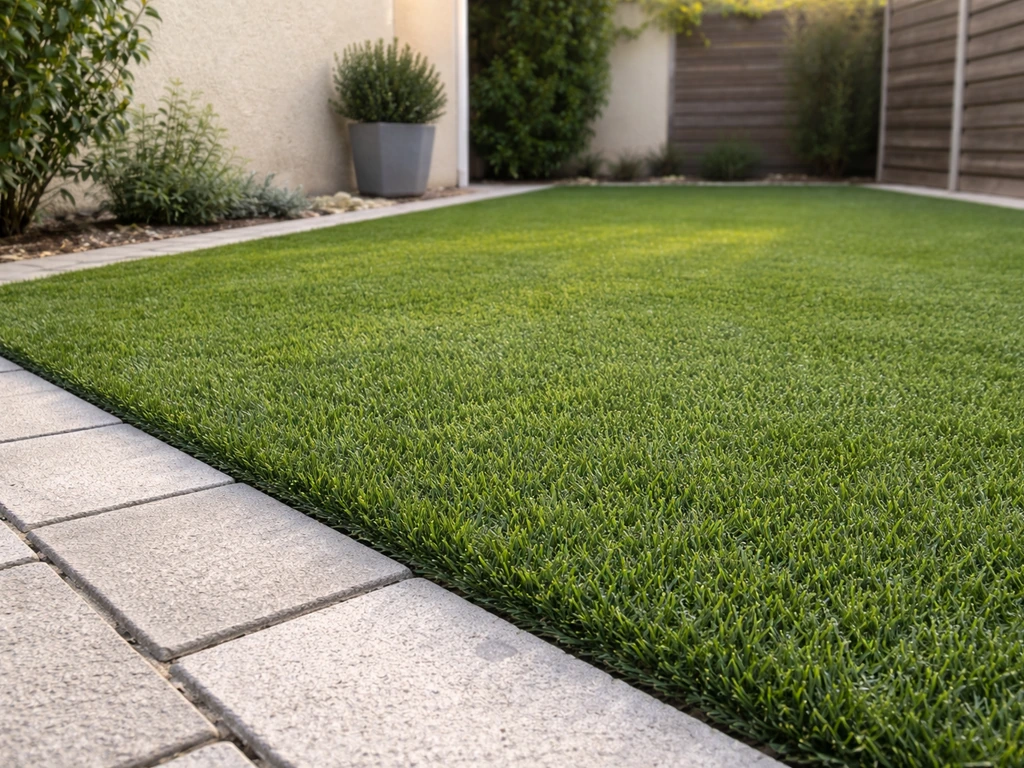 Gazon synthétique parfaitement posé sur une terrasse, bordure nette et fibres réalistes, ambiance de jardin calme.