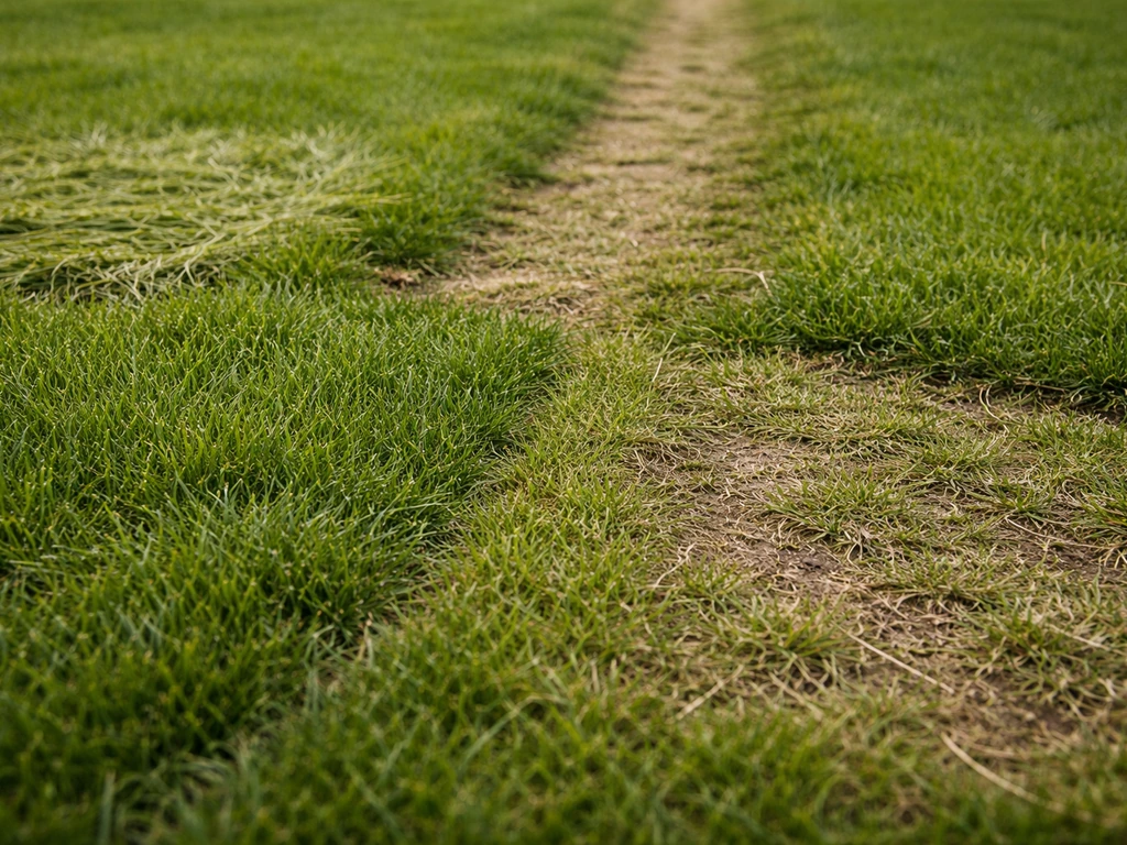 Gazon vu de près avec quatre zones distinctes montrant fibres aplaties, zones usées et jonctions visibles.