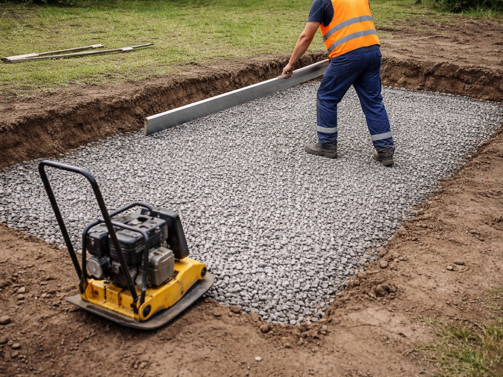 Chantier sur sol meuble : décaissement et couche de gravier concassé 4/20 compactée pour le drainage