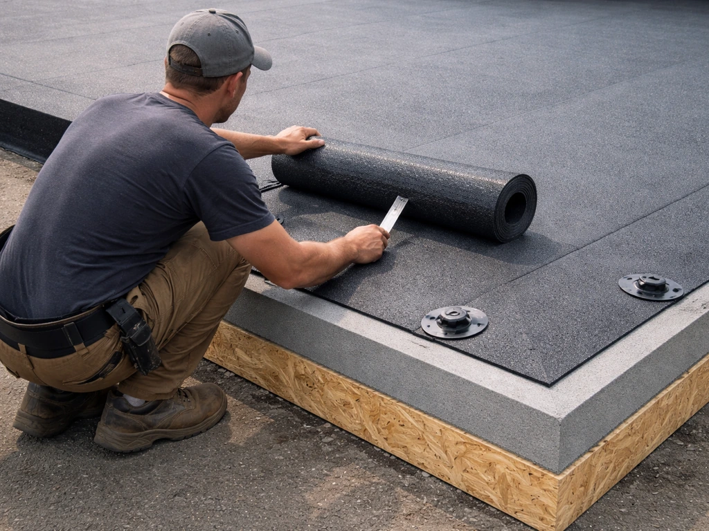 Chantier de toiture : couches d’étanchéité visibles et fixation en surface sans perforer la membrane.