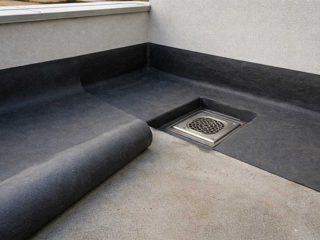 Toiture-terrasse : membrane visible, avaloir et relevés d’étanchéité, inspectés avec attention avant la pose.