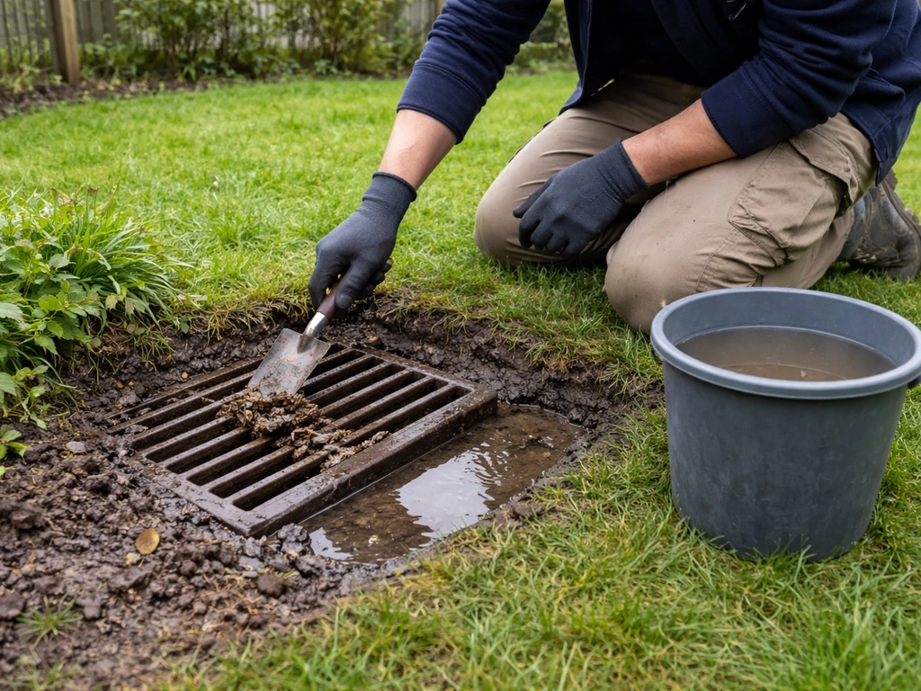 Une personne nettoie un avaloir au bord du gazon, zone humide suggérant une eau stagnante.