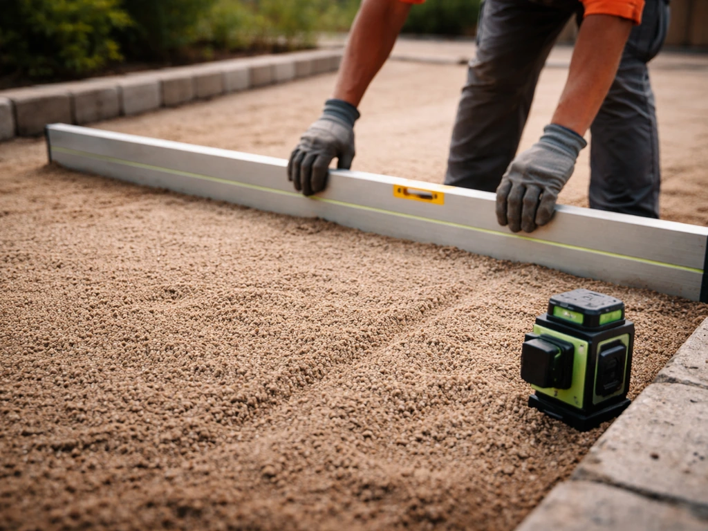 Règle de maçon et niveau laser posés sur une base de sable, montrant une légère pente de drainage.