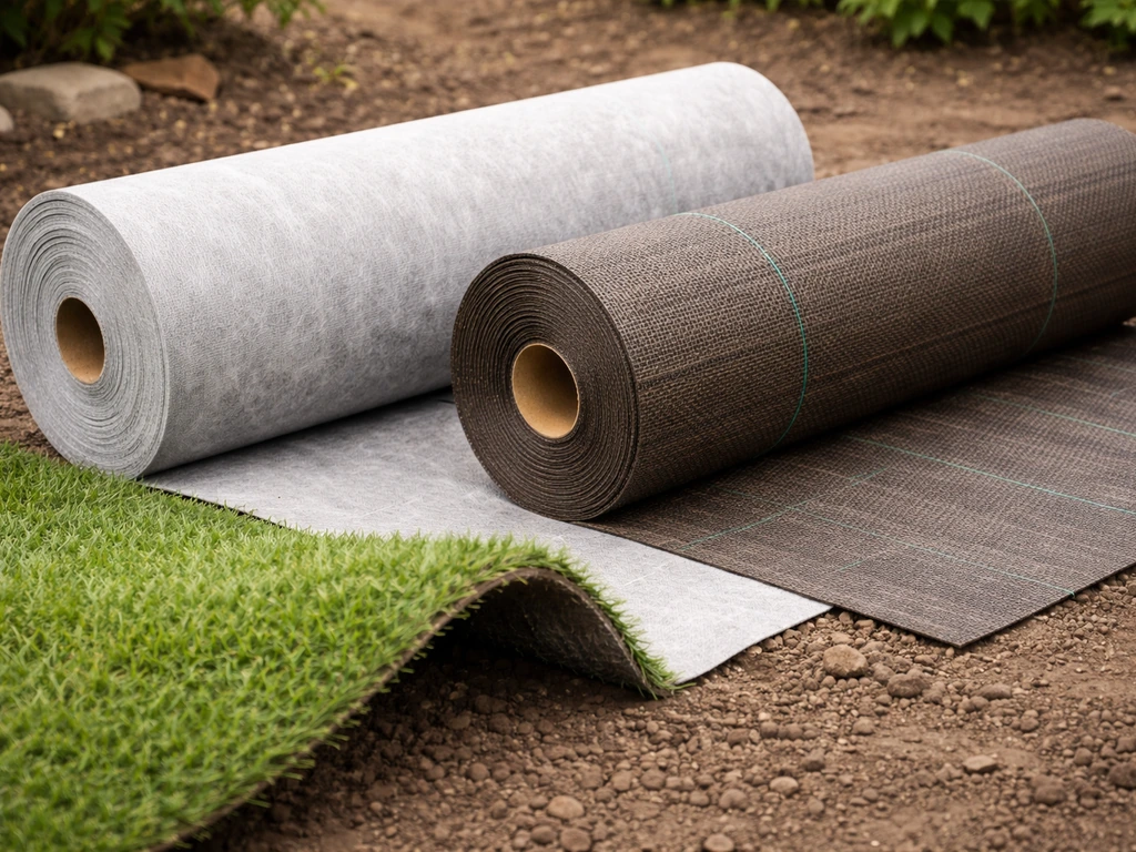 Deux rouleaux de géotextile non tissé et toile de paillage tissée, avec gazon synthétique soulevé au sol.