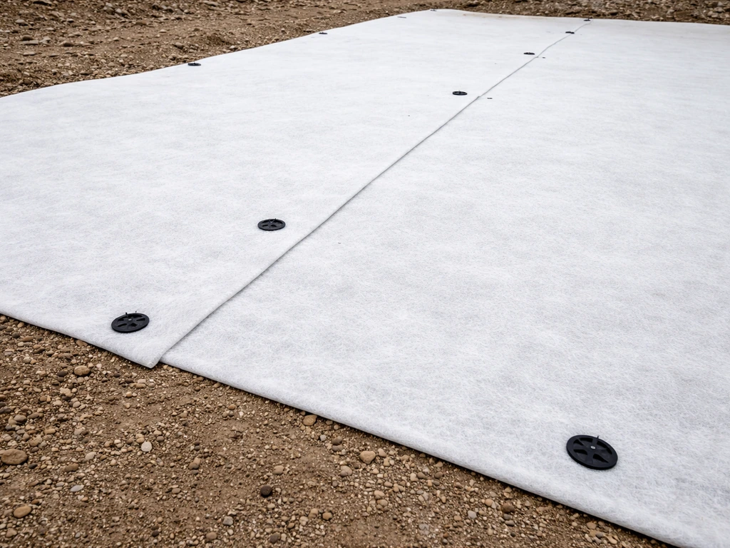 Pose de géotextile au sol avec recouvrement de deux lés et points de fixation avant la pose du gazon synthétique.